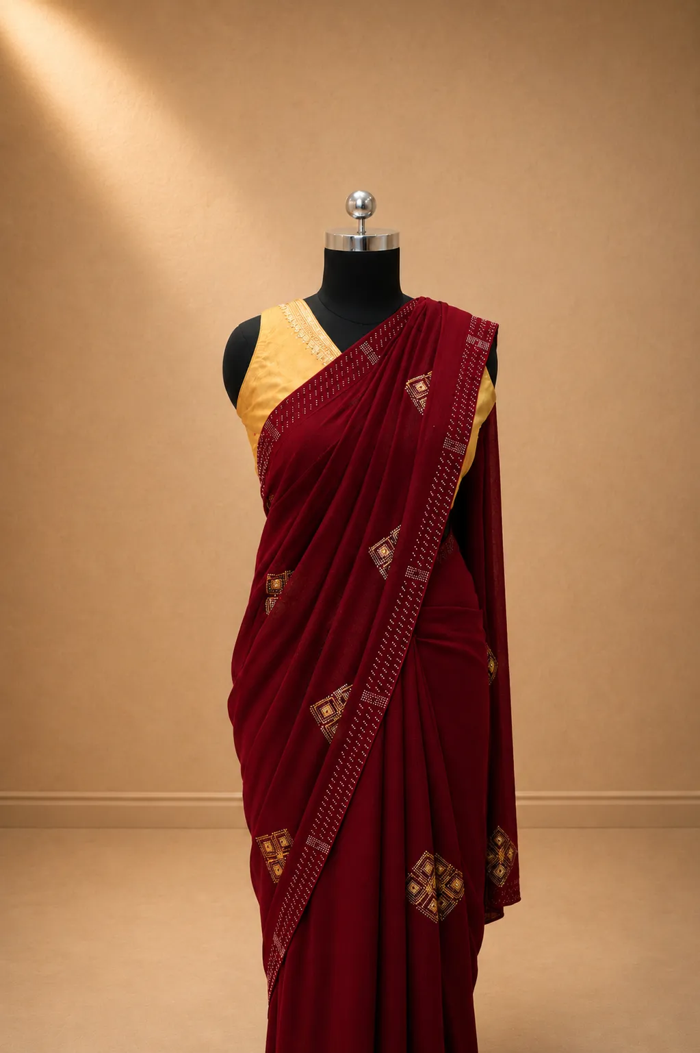 Ruby Red Georgette Saree with Shimmer Stripe Weave 