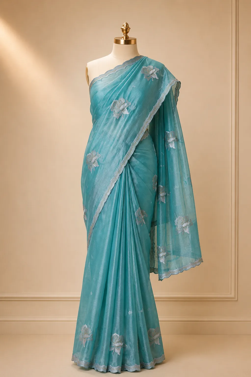 Sea Mist Blue Floral Embroidered Organza Saree