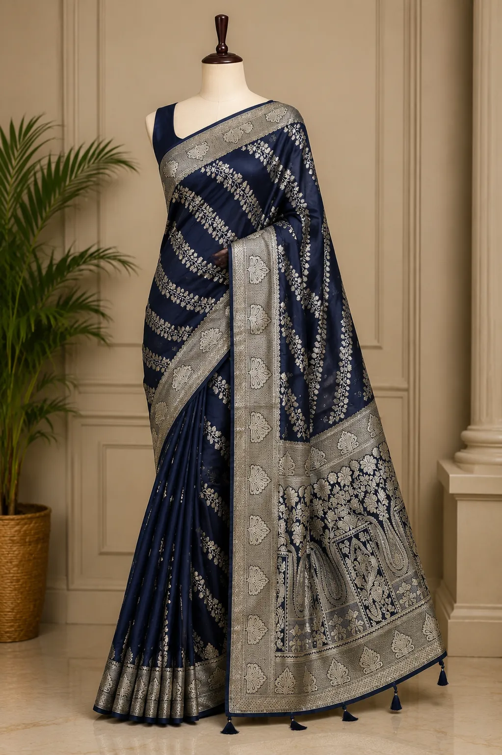 Midnight Blue Banarasi Silk Saree with Antique Silver Zari Border