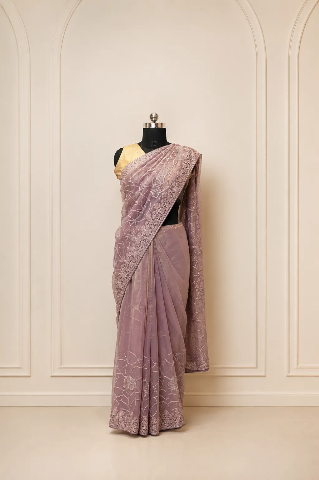 Dusty Mauve Tissue Silk Saree with Heavy Floral Sequin Embroidery